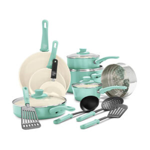 GreenLife Soft Grip Healthy Ceramic Nonstick 16 Piece Cookware Pots and Pans Set, PFAS-Free
